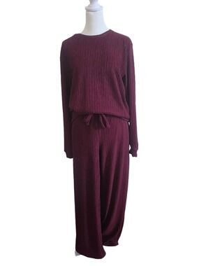 Gloss Woman Burgundy Long Sleeves Wide-Leg Ribbed Pants Set